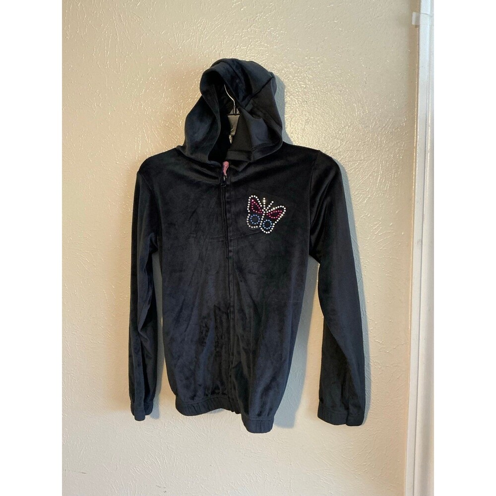 Girl’s Size M(10/12) Black Velvet Butterfly Zip-up Hoodie by DreamStar